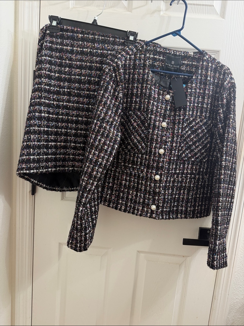 bagatelle Black Multi Tweed Jacket and Skirt Set with Pearl Buttons